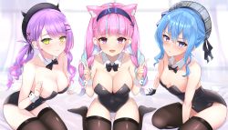 Rule 34 | 3girls, absurdres, alternate costume, animal ear fluff, animal ears, aqua hair, bare shoulders, beret, black bow, black legwear, black leotard, blue eyes, blue hair, blunt bangs, bow, bowtie, braid, breasts, cat ears, cleavage, closed mouth, detached collar, double v, drill hair, furrowed brow, green eyes, hair between eyes, hairband, hands up, hat, heckler kai, highres, hololive, hoshimachi suisei, large breasts, leotard, long hair, looking at viewer, medium breasts, medium hair, minato aqua, multiple girls, nontraditional playboy bunny, open mouth, pink eyes, pink hair, playboy bunny, purple hair, rabbit tail, raised eyebrows, sidelocks, sitting, small breasts, thighhighs, tokoyami towa, twin braids, twin drills, twintails, v, virtual youtuber, wariza