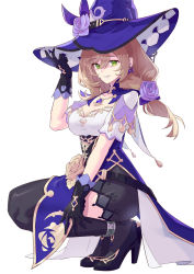 Rule 34 | 1girl, black footwear, black gloves, black thighhighs, breasts, brown hair, cleavage, earrings, flower, full body, genshin impact, gloves, green eyes, grin, hair flower, hair ornament, hand on headwear, hat, high heels, highres, invisible floor, jewelry, lisa (genshin impact), looking at viewer, medium breasts, necklace, ponytail, purple hat, short sleeves, sidelocks, smile, solo, squatting, thighhighs, witch hat, yagi2013