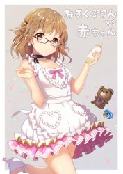 Rule 34 | 1girl, apron, azuki yui, baby bottle, black ribbon, bottle, bow, bowtie, brown eyes, brown hair, frilled apron, frilled ribbon, frills, glasses, grey background, heart apron, high heels, holding, holding bottle, indie virtual youtuber, miruku purin, neck ribbon, pacifier, pink bow, pink skirt, purple bow, purple bowtie, red-framed eyewear, ribbon, skirt, sleeveless, solo, stuffed animal, stuffed toy, teddy bear, teddy bear ornament, triangle, two-tone bow, virtual youtuber, white apron, white footwear