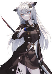 Rule 34 | 1girl, absurdres, ahoge, animal ears, arknights, black coat, black gloves, black knight, blood, blood on face, blue eyes, breasts, buttons, cat ears, coat, commentary, cowboy shot, dress, english commentary, gloves, grin, hair between eyes, hair ornament, hand up, high collar, highres, holding, holding weapon, jewelry, korean commentary, lappland (arknights), lappland (refined horrormare) (arknights), long hair, looking at viewer, material growth, medium breasts, mixed-language commentary, necklace, open clothes, open coat, oripathy lesion (arknights), scar, scar on face, sharp teeth, simple background, skull necklace, smile, solo, standing, sweater, sweater dress, teeth, thighs, weapon, white background, white hair