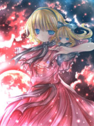 Rule 34 | 1girl, alice margatroid, alternate color, blonde hair, blue eyes, blunt bangs, blush, cowboy shot, doll, dress, female focus, fire, fire, hairband, kasuga sunao, looking at viewer, red dress, shanghai doll, short hair, size difference, smoke, solo, standing, touhou