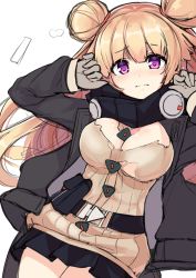 Rule 34 | 1girl, absurdres, bad id, bad twitter id, belt, belt pouch, black scarf, black skirt, blonde hair, blush, breasts, double bun, facing viewer, flustered, girls&#039; frontline, gloves, green jacket, hair bun, highres, hk23 (girls&#039; frontline), j young, jacket, large breasts, long hair, miniskirt, pouch, purple eyes, scarf, side bun, skirt, sweater, torn clothes, white background, yellow sweater