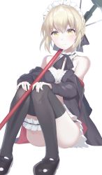 Rule 34 | 1girl, apron, artoria pendragon (all), artoria pendragon (alter swimsuit rider) (fate), artoria pendragon (alter swimsuit rider) (second ascension) (fate), artoria pendragon (fate), bad id, bad pixiv id, bare shoulders, bikini, bikini under clothes, black bikini, black bow, black bowtie, black jacket, black skirt, black thighhighs, blonde hair, blush, bow, bowtie, braid, breasts, breasts apart, bridal garter, broom, choker, closed mouth, collarbone, emushake, fate/grand order, fate (series), french braid, frilled apron, frilled choker, frilled skirt, frills, full body, hair between eyes, hair bun, hands on own knees, highres, holding, holding broom, hood, hood down, hooded jacket, jacket, knees up, long sleeves, looking at viewer, maid, maid bikini, maid headdress, miniskirt, mop, navel, off shoulder, open clothes, open jacket, saber (fate), saber alter, short hair, sidelocks, simple background, single hair bun, skirt, small breasts, solo, stomach, swimsuit, thighhighs, tsurime, unconventional maid, weapon, white apron, white choker, yellow eyes