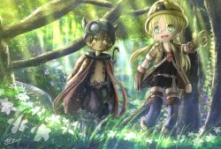 Rule 34 | 10s, 1boy, 1girl, :d, blonde hair, brown gloves, brown hair, cape, day, flower, forest, glasses, gloves, grass, green eyes, hat, helmet, jacket, kein hasegawa, light rays, long hair, made in abyss, mechanical arms, nature, navel, open mouth, outdoors, pointing, purple legwear, regu (made in abyss), riko (made in abyss), signature, smile, standing, tree, twintails, whistle, yellow eyes, yellow hat
