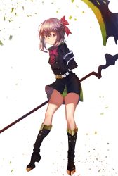Rule 34 | 1girl, absurdres, arm behind back, b:ga, bad id, bad pixiv id, black dress, black footwear, boots, bow, dress, full body, hair between eyes, hair bow, highres, hiiragi shinoa, holding, holding weapon, knee boots, long hair, military, military uniform, owari no seraph, purple hair, red bow, red eyes, scythe, short dress, smile, solo, standing, uniform, weapon, white background
