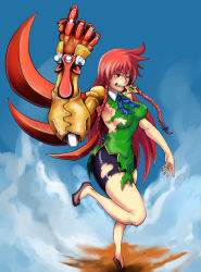 Rule 34 | 1girl, alter form, bike shorts, braid, cosplay, female focus, hong meiling, kazuma (cosplay), kazuma (scryed), kent (kariumu), long hair, mouth hold, parody, power fist, red eyes, red hair, scryed, solo, star (symbol), torn clothes, touhou, twin braids