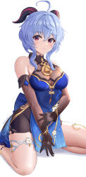 Rule 34 | 1girl, ahoge, bare shoulders, black gloves, blue dress, blue hair, breasts, detached sleeves, dress, ganyu (genshin impact), ganyu (twilight blossom) (genshin impact), genshin impact, gloves, goat horns, hair ornament, highres, horns, long hair, long sleeves, looking at viewer, medium breasts, mitsukayurie, official alternate costume, purple eyes, seiza, sitting, smile, solo, thighs, white background