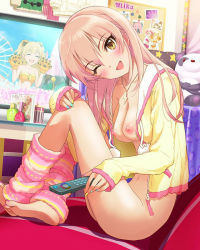 Rule 34 | 2girls, ;d, annindoufu (oicon), barefoot, blush, bottomless, breasts, casual nudity, cleavage, controller, corkboard, crossed legs, eyelashes, feet, hair down, head tilt, hood, hoodie, idolmaster, idolmaster cinderella girls, indoors, jacket, jewelry, jougasaki mika, jougasaki rika, leg warmers, legs, legs folded, long hair, looking at viewer, multicolored nail polish, multiple girls, nail polish, necklace, nipples, no bra, no panties, nude filter, one eye closed, open clothes, open jacket, open mouth, photo (object), pink hair, pink outfit, remote control, room, shorts, siblings, sisters, sitting, small breasts, smile, soles, solo, solo focus, television, thighs, third-party edit, toeless legwear, toenail polish, toenails, toes, tsurime, wink, yellow eyes, yellow jacket