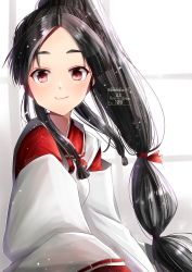 Rule 34 | 1girl, black hair, brown eyes, hair tie, high ponytail, highres, japanese clothes, kantai collection, kimura shiki, long hair, looking at viewer, miko, multi-tied hair, nisshin (kancolle), one-hour drawing challenge, red ribbon, ribbon, short eyebrows, solo, thick eyebrows, twitter username, upper body, very long hair