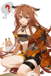 Rule 34 | 1girl, 9degree, ?, absurdres, animal ears, arknights, barefoot, bikini, bikini top only, black bikini, black collar, breasts, brown eyes, brown hair, ceobe (arknights), ceobe (summer flowers) (arknights), chain, collar, commentary, dog, dog ears, dog tail, full body, highres, jacket, lock, long hair, looking at viewer, medium breasts, official alternate costume, open clothes, open jacket, open mouth, orange jacket, padlock, padlocked collar, simple background, solo, spoken question mark, squatting, stomach, swimsuit, tail, thigh strap, thighs, white background