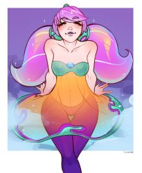 Rule 34 | 1girl, arm support, artist name, blush, border, breasts, closed eyes, closed mouth, collarbone, dress, facing up, feet out of frame, green dress, gwen (league of legends), highres, ilwha, invisible chair, league of legends, long hair, medium breasts, multicolored background, orange dress, pants, pink hair, purple pants, shiny skin, shiyn hiar, sitting, solo, space groove gwen, swept bangs, twintails, white border