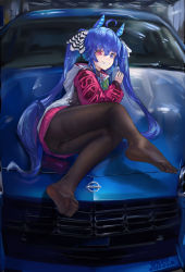 Rule 34 | 1girl, absurdres, blue eyes, blue hair, car, feet, female focus, grin, heterochromia, highres, long hair, looking at viewer, lying, motor vehicle, nissan, nissan fairlady z, nissan z (rz34), on side, on vehicle, pantyhose, red eyes, smile, solo, thighs, toes, twin turbo (umamusume), twintails, umamusume