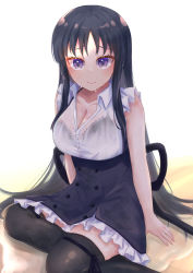 Rule 34 | 1girl, absurdres, arms at sides, assault lily, bare arms, black bra, black hair, black ribbon, black skirt, black thighhighs, blush, bra, bra visible through clothes, breasts, buttons, cleavage, closed mouth, collared shirt, commentary request, feet out of frame, fingernails, frilled shirt, frilled skirt, frills, high-waist skirt, highres, lace, lace-trimmed bra, lace trim, large breasts, leg ribbon, long hair, looking at viewer, miniskirt, on floor, puddle, purple eyes, raised eyebrows, ribbon, school uniform, see-through, shade, shirai yuyu, shirt, sidelocks, sitting, skirt, sleeveless, sleeveless shirt, solo, suspender skirt, suspenders, thigh ribbon, thighhighs, underwear, very long hair, water, water drop, wet, wet clothes, wet hair, wet shirt, wet skirt, wet thighhighs, white background, white shirt, yokozuwari, yozakurayuyu, yurigaoka girls academy school uniform