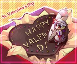 Rule 34 | 1girl, bat wings, blue hair, candy, chibi, chocolate, chocolate heart, english text, female focus, food, happy valentine, hat, hat ribbon, heart, mini person, minigirl, red eyes, remilia scarlet, ribbon, short hair, solo, touhou, valentine, wings, yutsuka (amyucca)