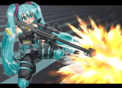 Rule 34 | 1girl, anti-materiel rifle, aqua eyes, aqua hair, barrett m82, boots, bullpup, casing ejection, elbow gloves, fingerless gloves, firing, gloves, gun, hase yu, hatsune miku, headset, holding, holding gun, holding weapon, knee pads, kneeling, long hair, military operator, muzzle flash, on one knee, open mouth, rifle, scope, shell casing, sniper rifle, solo, twintails, vertical forward grip, very long hair, vocaloid, weapon