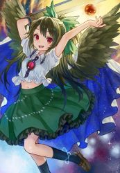 Rule 34 | 1girl, album cover, ama-tou, arm cannon, arms up, bird wings, black hair, black wings, cover, energy ball, hair bun, looking at viewer, midriff, navel, open mouth, puffy sleeves, red eyes, reiuji utsuho, shirt, short sleeves, single hair bun, skirt, smile, solo, third eye, touhou, weapon, wings