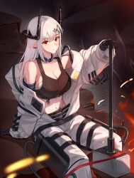 Rule 34 | 1girl, absurdres, arknights, artist request, bare shoulders, black choker, black gloves, black tank top, breasts, choker, cleavage, closed mouth, collarbone, commentary request, crop top, gloves, hammer, highres, holding, holding hammer, horns, infection monitor (arknights), jumpsuit, large breasts, long hair, looking at viewer, material growth, midriff, mudrock (arknights), mudrock (elite ii) (arknights), navel, oripathy lesion (arknights), pointy ears, red eyes, solo, tank top, war hammer, weapon, white hair, white jumpsuit