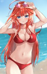 Rule 34 | 1girl, :3, ahoge, akino ell, armpits, arms up, bare arms, bare shoulders, beach, bikini, blue eyes, blurry, bracelet, breasts, cleavage, cloud, collarbone, cowboy shot, day, depth of field, eyewear on head, female focus, go-toubun no hanayome, groin, hair ornament, halterneck, halterneck, highres, jewelry, large breasts, long hair, looking at viewer, nakano itsuki, navel, ocean, red bikini, red hair, sky, smile, solo, standing, star (symbol), star hair ornament, stomach, string bikini, sunglasses, swimsuit, thigh gap, thighs, very long hair, water, wet