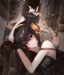 Rule 34 | 2girls, absurdres, anya (spy x family), bare shoulders, black gloves, black hair, choker, couch, dagger, dayshiart, earrings, flower, gloves, hair flower, hair ornament, hairband, half-closed eyes, hand up, highres, jewelry, knife, looking at viewer, meme, multiple girls, on couch, pink hair, red eyes, sidelocks, smile, spy x family, stiletto (weapon), strap slip, weapon, yor briar