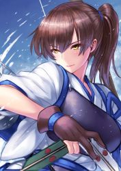 Rule 34 | 10s, 1girl, arrow (projectile), blue sky, bow (weapon), breasts, brown hair, gloves, kaga (kancolle), kantai collection, lips, looking to the side, muneate, partially fingerless gloves, partly fingerless gloves, serious, side ponytail, sky, solo, tasuki, upper body, weapon, yapo (croquis side), yellow eyes, yugake