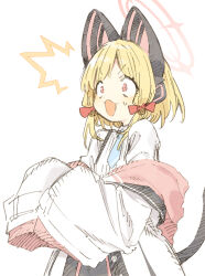Rule 34 | 1girl, abara heiki, animal ear headphones, animal ears, blonde hair, blue archive, blue necktie, bow, cat ear headphones, cat tail, fake animal ears, hair bow, halo, headphones, highres, jacket, looking away, momoi (blue archive), necktie, off shoulder, open clothes, open jacket, open mouth, pink eyes, red bow, shirt, solo, tail, upper body, v-shaped eyebrows, white jacket, white shirt