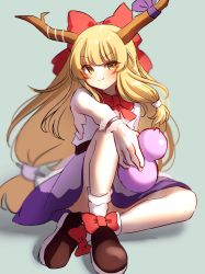 Rule 34 | 1girl, black footwear, bow, bowtie, closed mouth, footwear bow, full body, gourd, grey background, hair bow, highres, holding, horn ornament, horn ribbon, horns, ibuki suika, long hair, looking at viewer, low-tied long hair, one-hour drawing challenge, orange eyes, orange hair, purple skirt, red bow, red bowtie, ribbon, shirt, simple background, sitting, skirt, smile, solo, torn clothes, torn sleeves, touhou, very long hair, waramori fuzuka, white legwear, white shirt