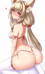 Rule 34 | 1girl, animal ears, anisdrawn, arm strap, ass, bare shoulders, bikini, blonde hair, blush, breasts, commentary, heart, highres, long hair, looking at viewer, low twintails, nia (blade) (xenoblade), nia (xenoblade), no shoes, nose blush, parted lips, simple background, sitting, small breasts, solo, swimsuit, thighhighs, thighs, twintails, very long hair, wariza, white background, white bikini, white thighhighs, xenoblade chronicles (series), xenoblade chronicles 2, yellow eyes