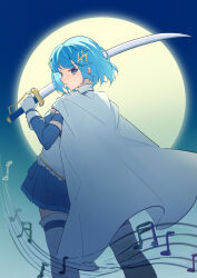 Rule 34 | 1girl, absurdres, backlighting, blue eyes, blue hair, cape, detached sleeves, fortissimo, from behind, full moon, gloves, hair ornament, highres, holding, holding sword, holding weapon, kaniko (user tvzs5875), looking at viewer, looking back, magical girl, mahou shoujo madoka magica, miki sayaka, moon, musical note, musical note hair ornament, pleated skirt, short hair, skirt, sword, thighhighs, weapon
