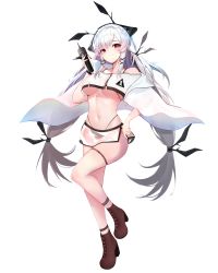Rule 34 | 1girl, absurdres, alternate costume, ankle strap, arknights, bare shoulders, bikini, bikini under clothes, black bikini, boots, breasts, brown footwear, capelet, crop top, crop top overhang, cticket, full body, hair ornament, hairband, highleg, highres, holding, idol, large breasts, long hair, looking at viewer, low twintails, microphone, midriff, miniskirt, navel, off-shoulder shirt, off shoulder, parted lips, red eyes, rhodes island logo (arknights), see-through, shirt, side slit, silver hair, skirt, solo, stomach, string bikini, swimsuit, thigh strap, thighs, transparent background, twintails, underboob, very long hair, weedy (arknights), white shirt, white skirt, x hair ornament