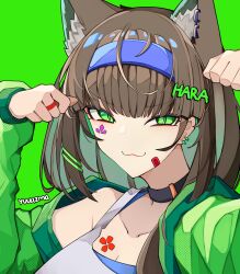 Rule 34 | :3, animal ear fluff, animal ear piercing, animal ears, arms up, artist name, bandaid, bandaid on face, black collar, blue hairband, blunt bangs, breasts, brown hair, camisole, cat ears, cat girl, cleavage, closed mouth, clover, collar, collarbone, colored inner hair, commentary, curled fingers, ear piercing, english commentary, four-leaf clover, green background, green eyes, green hair, green jacket, green theme, hair ornament, hairband, hairclip, half-closed eyes, halftone, highres, jacket, jewelry, large breasts, long hair, long sleeves, looking at viewer, multicolored hair, original, paw pose, piercing, ring, signature, simple background, single bare shoulder, sleeves past wrists, slit pupils, sticker on chest, sticker on face, two-tone hair, upper body, v-shaped eyebrows, white camisole, yuu azma