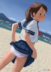 Rule 34 | 1girl, artist name, beach, blue sailor collar, blue skirt, blue sky, blurry, blurry background, brown eyes, brown hair, clothes lift, cloud, commentary request, cowboy shot, day, female focus, from behind, hair bobbles, hair ornament, highres, lifted by self, long hair, looking at viewer, looking back, mu-pyon, neckerchief, original, outdoors, panties, pleated skirt, red neckerchief, sailor collar, school uniform, serafuku, skirt, skirt lift, sky, solo, standing, tan, twintails, underwear, white panties