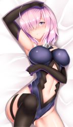 Rule 34 | 1girl, 3:, arm over head, bed sheet, black gloves, black thighhighs, blue leotard, blush, breasts, cameltoe, clothing cutout, elbow gloves, fate/grand order, fate (series), gloves, hair over one eye, highres, impossible clothes, knee up, large breasts, leotard, looking at viewer, lying, mash kyrielight, navel, navel cutout, on back, on bed, over-kneehighs, pink hair, purple eyes, solo, thigh strap, thighhighs, zukky