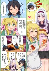 Rule 34 | 3girls, 4koma, :d, :t, ^ ^, alternate hairstyle, apron, bad id, bad pixiv id, blonde hair, censored, censored food, closed eyes, comic, cooking, food, food on face, ganaha hibiki, hair ribbon, hairband, hand on own chest, hiiringu, hoshii miki, idolmaster, idolmaster (classic), index finger raised, mosaic censoring, multiple girls, open mouth, oven mitts, ponytail, ribbon, shijou takane, sleeves rolled up, smile, translation request, wavy mouth