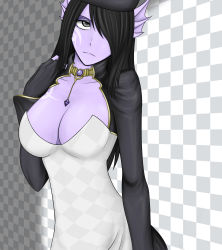 Rule 34 | 1girl, absurdres, aquatic, black hair, breasts, checkered background, ciohoxyami, cleavage, colored skin, facepaint, female focus, grey eyes, hair over one eye, highres, monster girl, perfect world, purple skin, solo, tagme