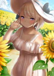 Rule 34 | 1girl, absurdres, alternate costume, azur lane, bare shoulders, blue sky, blurry, blush, bow, casual, cloud, cloudy sky, collarbone, commentary request, contemporary, cross, day, depth of field, dress, earrings, flower, hair bow, hair ribbon, hat, highres, iron cross, jewelry, looking at viewer, parted lips, photoshop (medium), purple eyes, ribbon, shade, short hair, silver hair, sky, smile, solo, summer, sun hat, sunflower, white dress, yamataka, z23 (azur lane)