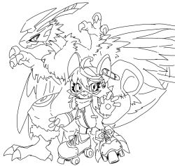 Rule 34 | claws, digimon, digimon (creature), digimon liberator, galemon, lineart, looking at viewer, mask, monochrome, ribbon, scarf, shoeshoemon, smile, squirrel, wings