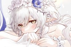 Rule 34 | 1girl, arknights, bare shoulders, blue flower, blush, braid, collarbone, dpea9, eyelashes, flower, hair flower, hair ornament, highres, long hair, looking at viewer, lying, official alternate costume, on stomach, pointy ears, side braid, silver hair, solo, tomimi (arknights), tomimi (silent night) (arknights), upper body, white flower, wrist cuffs, yellow eyes