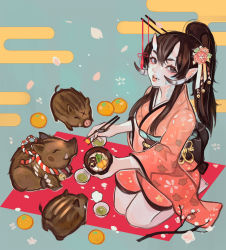 Rule 34 | 1girl, 2019, :p, alpaca carlesi, boar, breasts, brown eyes, brown hair, chopsticks, commentary, earrings, english commentary, feeding, food, fruit, hair between eyes, hair ornament, hair stick, horns, japanese clothes, jewelry, kimono, long hair, looking at viewer, mandarin orange, mole, mole under mouth, new year, obi, oni, oni horns, original, pale skin, petals, pointy ears, rope, sash, seiza, shimenawa, sitting, small breasts, smile, solo focus, tongue, tongue out, tusks