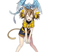 Rule 34 | 1girl, animal ears, black shorts, blush, brown hair, cat ears, cat tail, closed eyes, dragon on head, hair between eyes, hair ribbon, leaning forward, long hair, looking at viewer, mini dragon, multiple tails, open mouth, pina (sao), ribbon, short shorts, short twintails, shorts, silica, silica (sao-alo), smile, solo, standing, sword art online, tail, transparent background, twintails, two tails, yellow ribbon