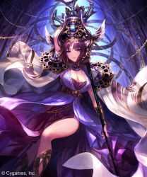Rule 34 | 1girl, black dress, blue eyes, breasts, brown hair, cleavage, dress, holding, holding staff, horns, irua, large breasts, looking at viewer, nephthys (grandblue fantasy), parted lips, shadowverse, shiny skin, short hair, side slit, solo, staff
