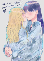 Rule 34 | 2girls, absurdres, arms around waist, blonde hair, blue shirt, blush, closed eyes, collared shirt, commentary request, dated, face-to-face, grey background, highres, hug, long hair, long sleeves, multiple girls, original, parted lips, purple hair, shirt, simple background, smile, twitter username, yuri, yuri kyanon
