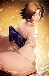 Rule 34 | 1girl, back bow, blue bow, bow, brown hair, from above, japanese clothes, kara no kyoukai, kimono, long sleeves, looking at viewer, looking back, nagu, parted bangs, parted lips, print bow, purple eyes, ryougi shiki, short hair, sleeves past wrists, solo, white kimono, wide sleeves