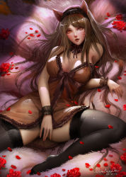 Rule 34 | 1girl, ahri (league of legends), animal ears, babydoll, bare shoulders, black panties, black thighhighs, blush, breasts, brown babydoll, brown hair, choker, cleavage, dated, facial mark, feet, flower, fox ears, fox tail, highres, lace, lace-trimmed legwear, lace trim, large breasts, league of legends, long hair, looking at viewer, multiple tails, no shoes, open mouth, panties, petals, reclining, red flower, see-through, signature, solo, tail, thighhighs, turewindwalker, underwear, whisker markings, yellow eyes