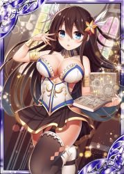 Rule 34 | 1girl, :o, bare shoulders, black skirt, blue eyes, book, breasts, brown hair, collaboration, collarbone, flower, frilled skirt, frills, gauntlets, hair flower, hair ornament, holding, holding book, indoors, large breasts, long hair, looking at viewer, official art, ray-akila, shinkai no valkyrie, shinki kakusei melty maiden, skirt, thighhighs, white thighhighs, window