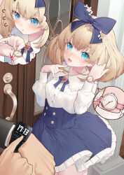 Rule 34 | 1boy, 1girl, :d, :o, blonde hair, blue bow, blue eyes, blue skirt, blush, bow, breasts, clock, collared shirt, commentary request, digital clock, door, earrings, flower, frilled skirt, frills, hair between eyes, hair bow, indoors, jewelry, key, keyhole, long sleeves, notice lines, open mouth, original, parted lips, puffy long sleeves, puffy sleeves, shirt, skirt, small breasts, smile, sweat, tokuno yuika, trembling, watch, white flower, white shirt, wristwatch