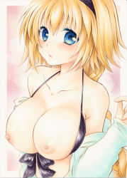 Rule 34 | 1girl, arm behind back, blonde hair, blue eyes, blush, breasts, breasts out, collarbone, colored pencil (medium), commentary request, fate/grand order, fate (series), front-tie bra, hairband, head tilt, jeanne d&#039;arc (fate), jeanne d&#039;arc (ruler) (fate), jeanne d&#039;arc (swimsuit archer) (fate), jeanne d&#039;arc (swimsuit archer) (first ascension) (fate), large breasts, long sleeves, looking at viewer, marker (medium), nipples, off shoulder, outside border, parted lips, short hair, solo, standing, traditional media, upper body, yuuna katsumi