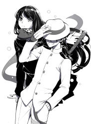 Rule 34 | 1boy, 1girl, arm up, closed mouth, covered eyes, facing viewer, fate/grand order, fate (series), gloves, greyscale, hand in pocket, hand on headwear, hat, jacket, katana, long hair, long sleeves, looking at viewer, monochrome, oryou (fate), pants, ririko (zhuoyandesailaer), sakamoto ryouma (fate), scarf, school uniform, serafuku, skirt, smile, sword, sword behind back, very long hair, weapon, white background