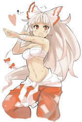 Rule 34 | 1girl, :d, armpits, arms up, bandages, bare shoulders, blush, bow, breasts, chest sarashi, cowboy shot, fujiwara no mokou, hair bow, hair ribbon, heart, hiruma andon, long hair, looking at viewer, medium breasts, navel, ofuda, ofuda on clothes, open mouth, outstretched arm, pants, pinky out, red eyes, ribbon, sarashi, simple background, smile, solo, standing, stomach, sweat, touhou, very long hair, white background, white hair