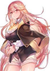 Rule 34 | 1girl, amira (shingeki no bahamut), belt, black capelet, black dress, blush, breasts, capelet, cleavage, collared shirt, commentary request, cowboy shot, dress, granblue fantasy, long hair, long sleeves, looking at viewer, medium breasts, own hands together, pink eyes, pink hair, shingeki no bahamut, shingeki no bahamut: genesis, shirt, shorts, slit pupils, solo, standing, thighs, v arms, very long hair, white background, white shirt, white shorts, yuzuki karu