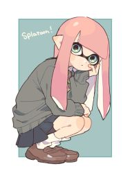 Rule 34 | 1girl, bad id, bad twitter id, black skirt, blunt bangs, brown footwear, closed mouth, commentary, copyright name, full body, gomi (kaiwaresan44), green background, green eyes, grey sweater, hand on own face, highres, inkling, inkling girl, inkling player character, leaning forward, light frown, loafers, long hair, looking at viewer, miniskirt, multicolored neckwear, necktie, nintendo, outside border, pink hair, pleated skirt, pointy ears, shoes, skirt, socks, solo, splatoon (series), splatoon 2, squatting, sweater, tentacle hair, white socks
